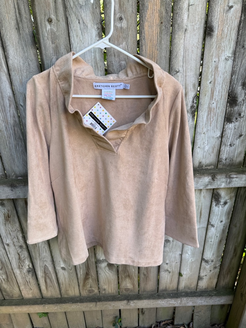 Gretchen Scott NWT Suede 3/4 Sleeve Ruffneck Blouse Latte tan sz = Goddess = XXL